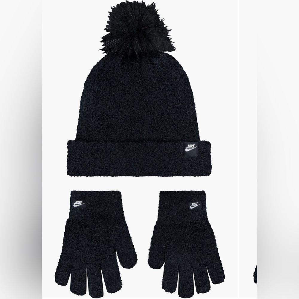Nike Boys Swoosh Pompom Beanie and Gloves in Black